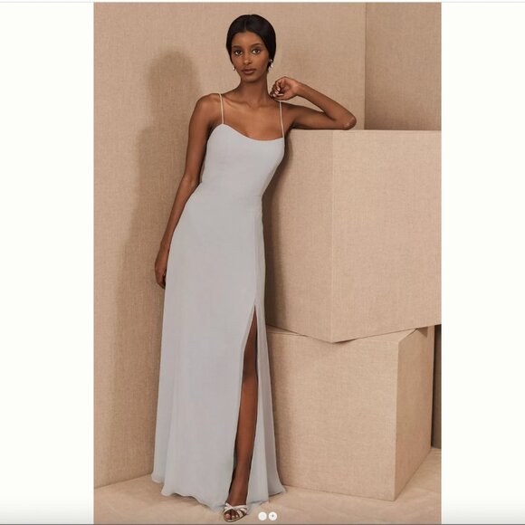 Jenny Yoo Kiara Dress Light Green Gray Women's Maxi Morning Mist Bridesmaid Tie - Picture 1 of 15